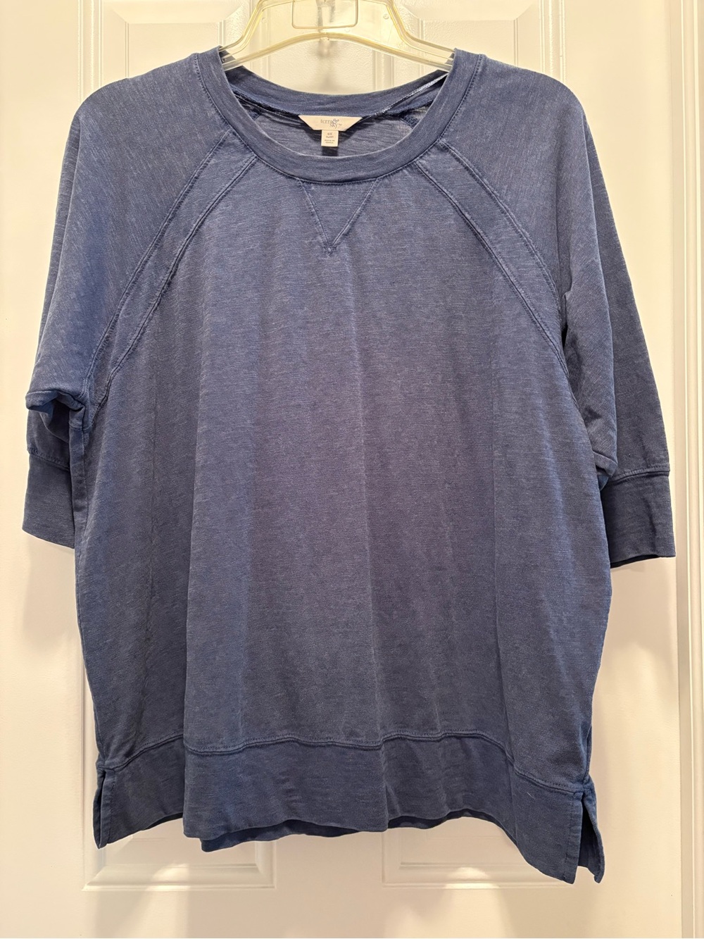 Terra & Sky Mineral Washed Blue Pullover Raglan 3/4 Sleeve Blouse, Size 0X